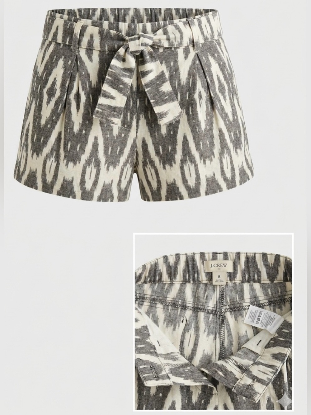 J.Crew Women's Size 8 Ikat Print Belted Shorts Gray Black White Linen Blend